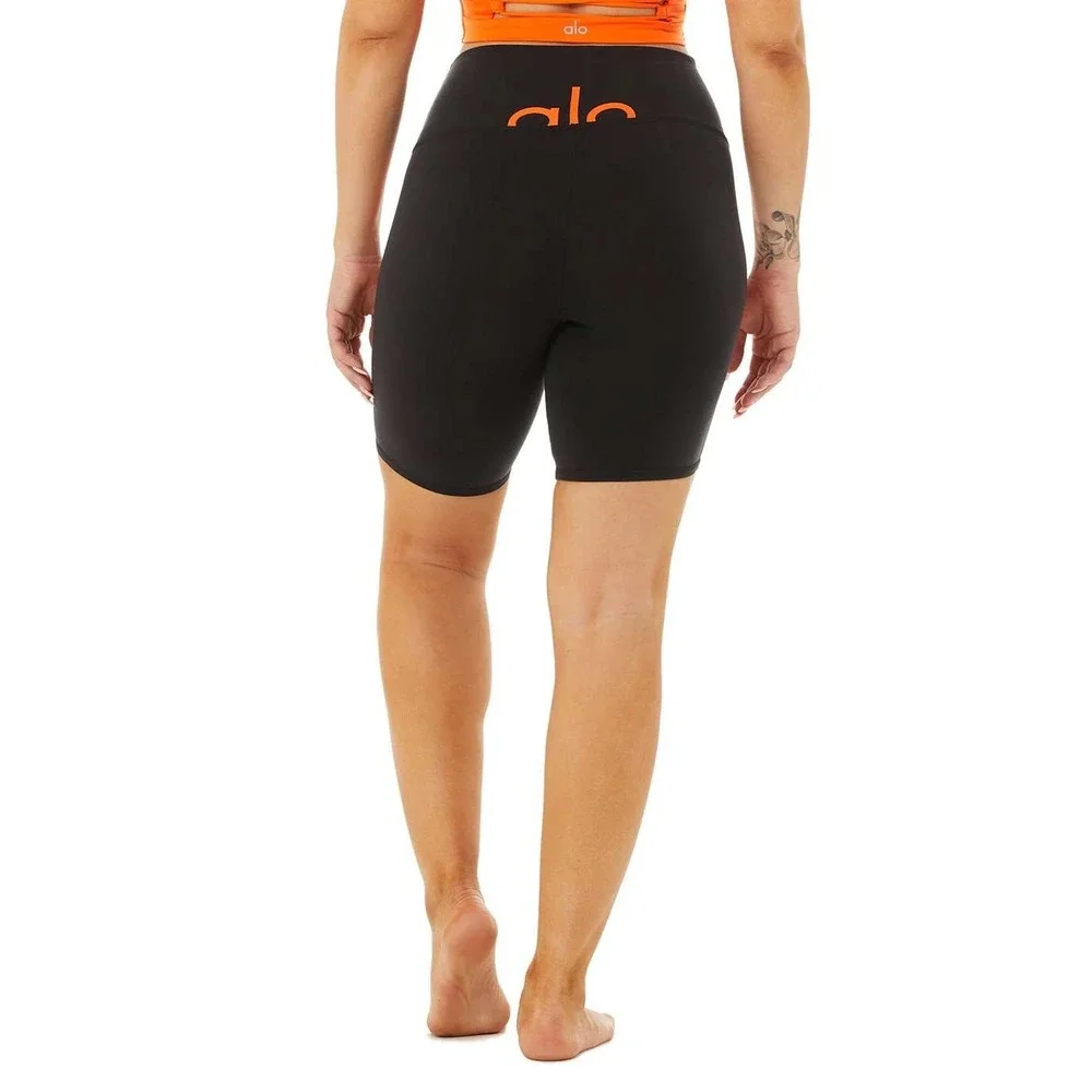 Alo Yoga Women's Black Orange Tangerine High Waist Biker Shorts Size